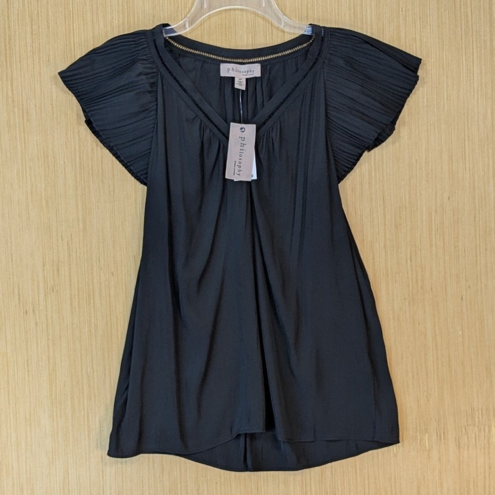 Philosophy Womens Preppy Elevated Basics Black Pleated Flutter Sleeve Top Small